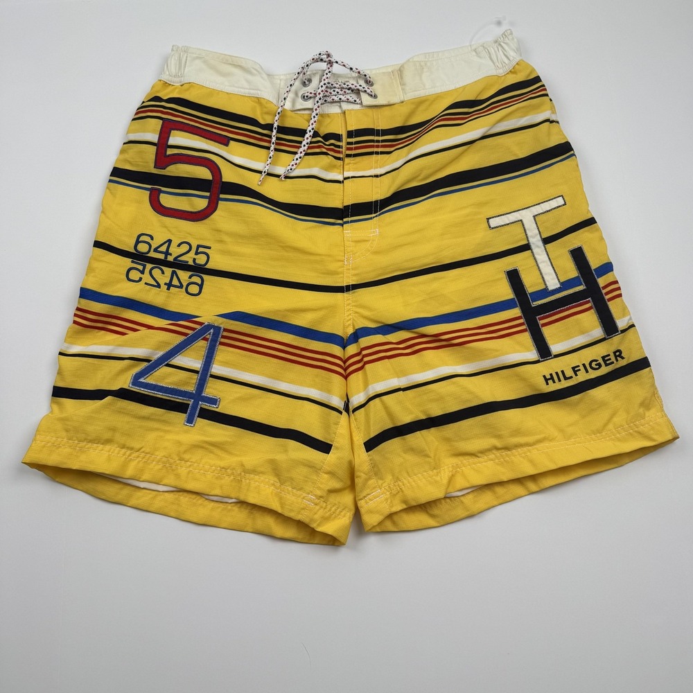 Tommy Hilfiger Shorts Mens Large Yellow Stripe Swim Trunks TH 5 4 Retro Beach